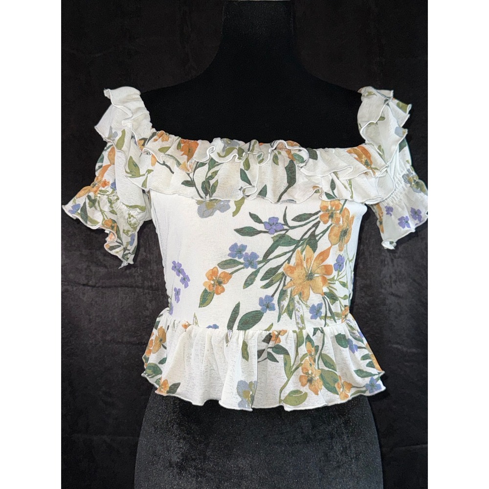 Lalila Floral Off The Shoulder Smocked Ruffle Peplum Crop Top White Medium‎